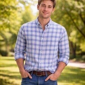 Men's J. Crew 100% Linen Shirt Size L Slim Fit Blue & White Plaid Long Sleeve